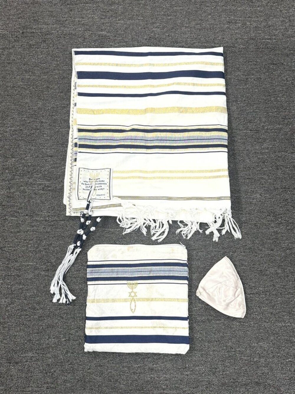 Messianic Tallit Prayer Shawl & Kippah Israel Jewish ~ White/Gold/Blue in Bag